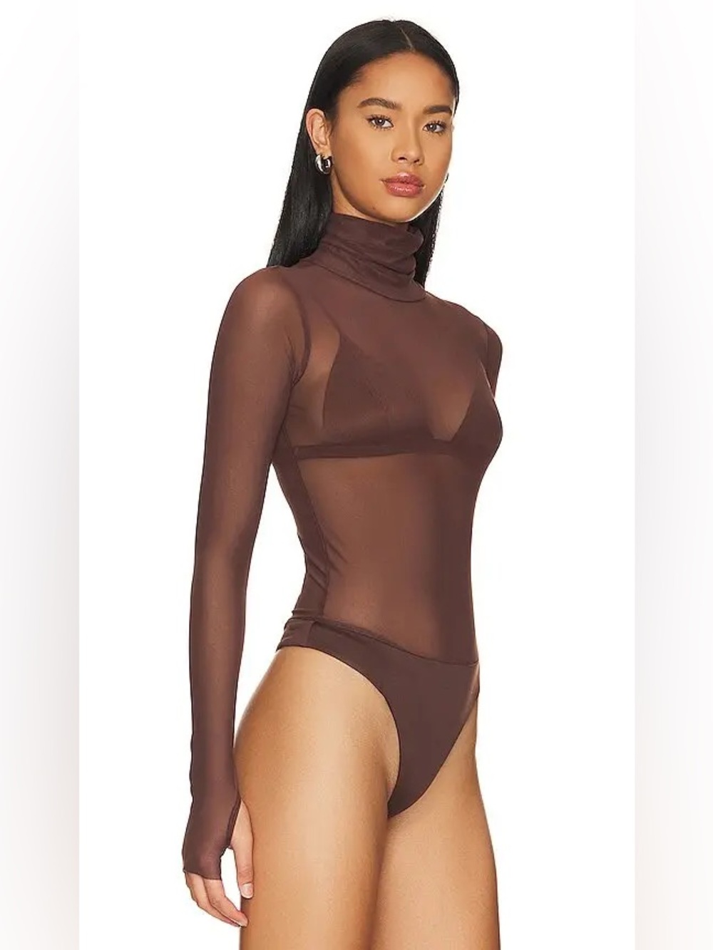 AFRM Sheer Long Sleeve Brown Turtleneck Bodysuit